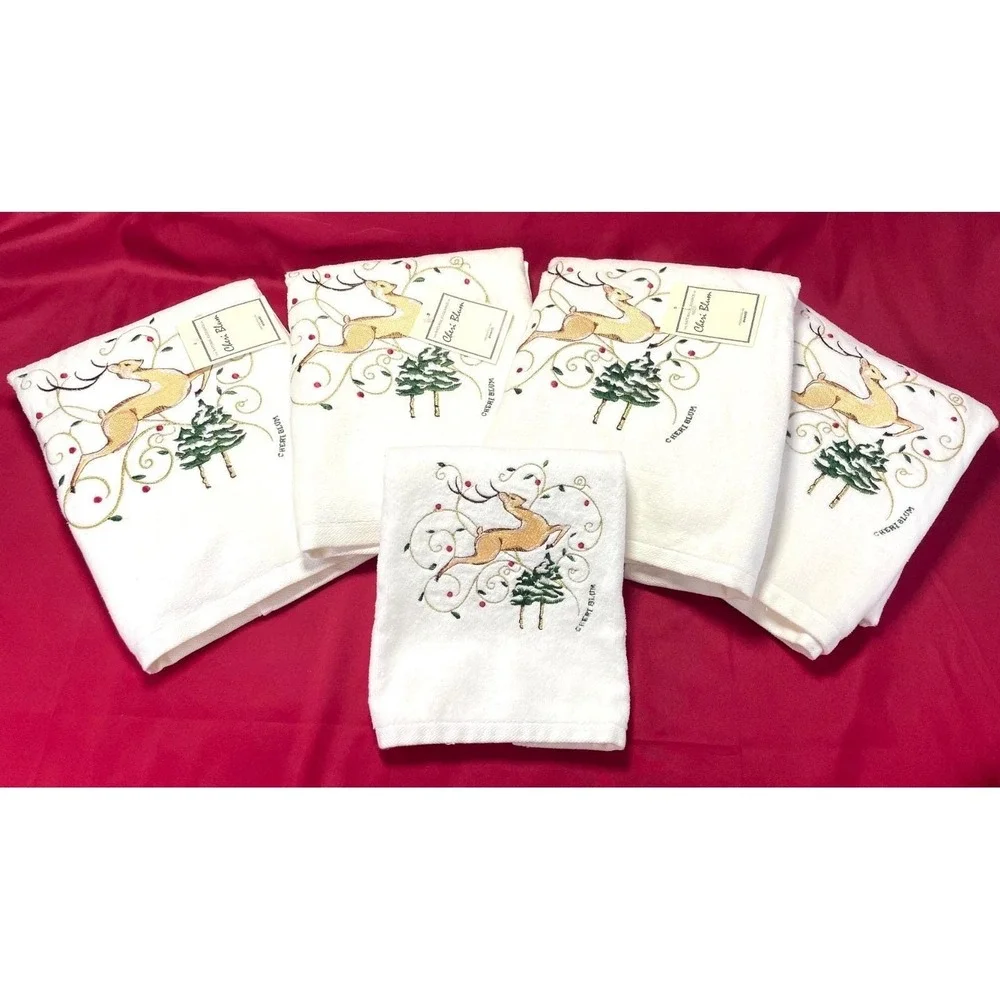 Avanti NOS 1978 Cheri Blum Reindeer Cream Bath Hand Towel Set‎ Christmas Vtg